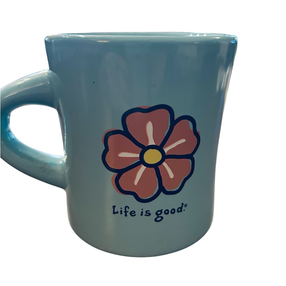 Life Is Good Light Blue Mug with Pink and Yellow Flower